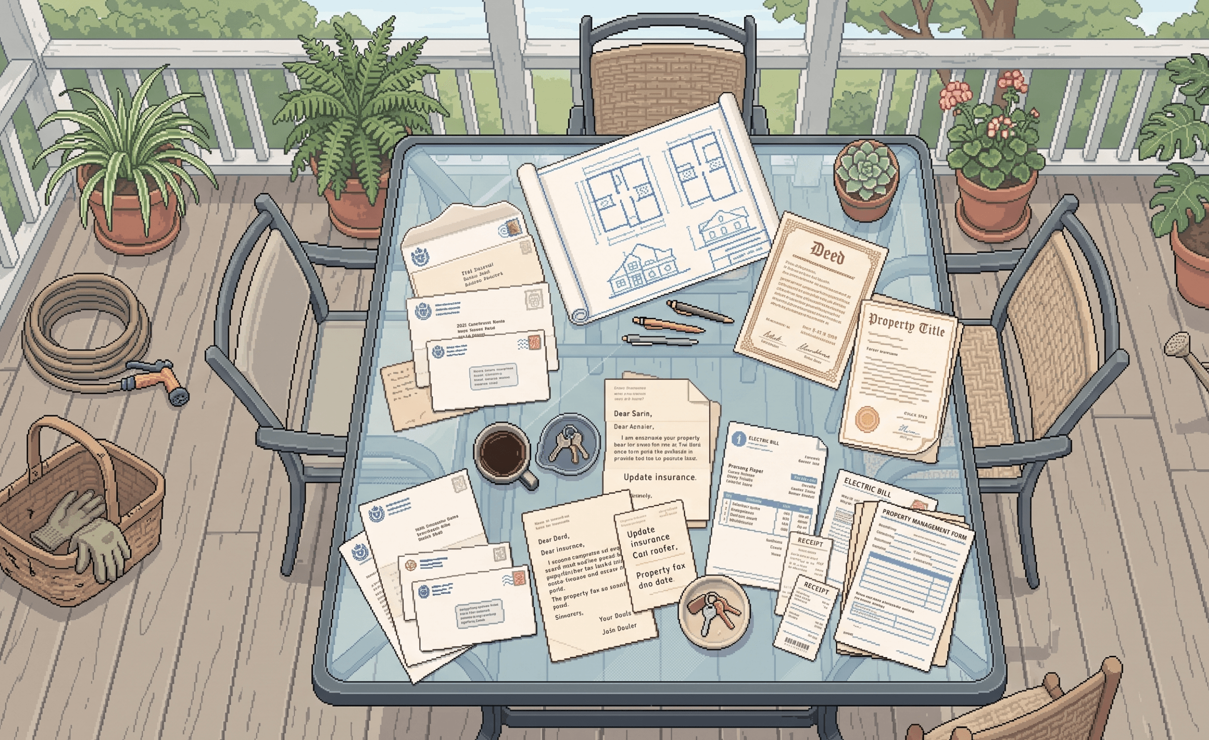 Pixel-art patio table covered in deeds, bills, blueprints, and keys