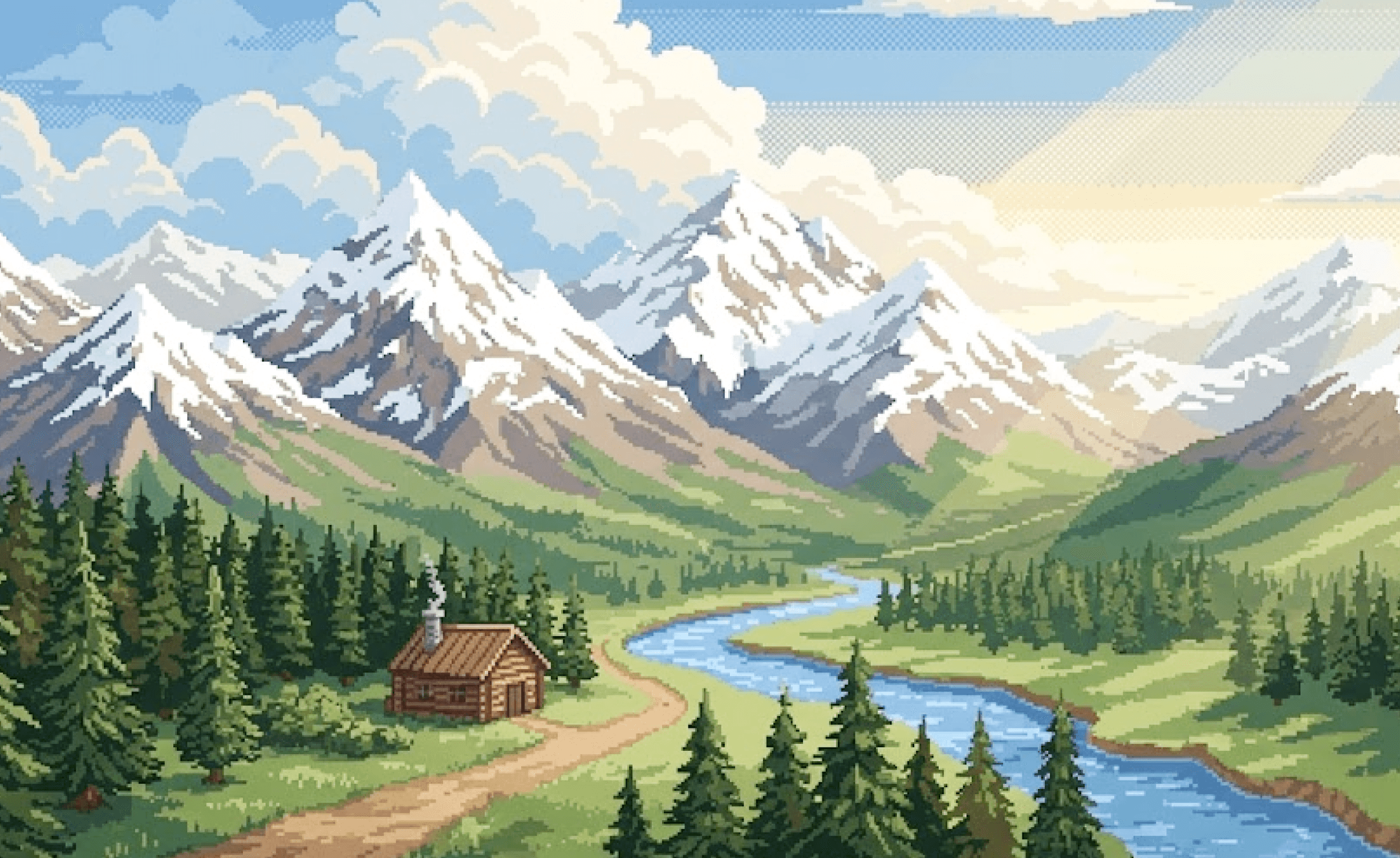 Pixel-art cabin by a river beneath snow-capped mountains