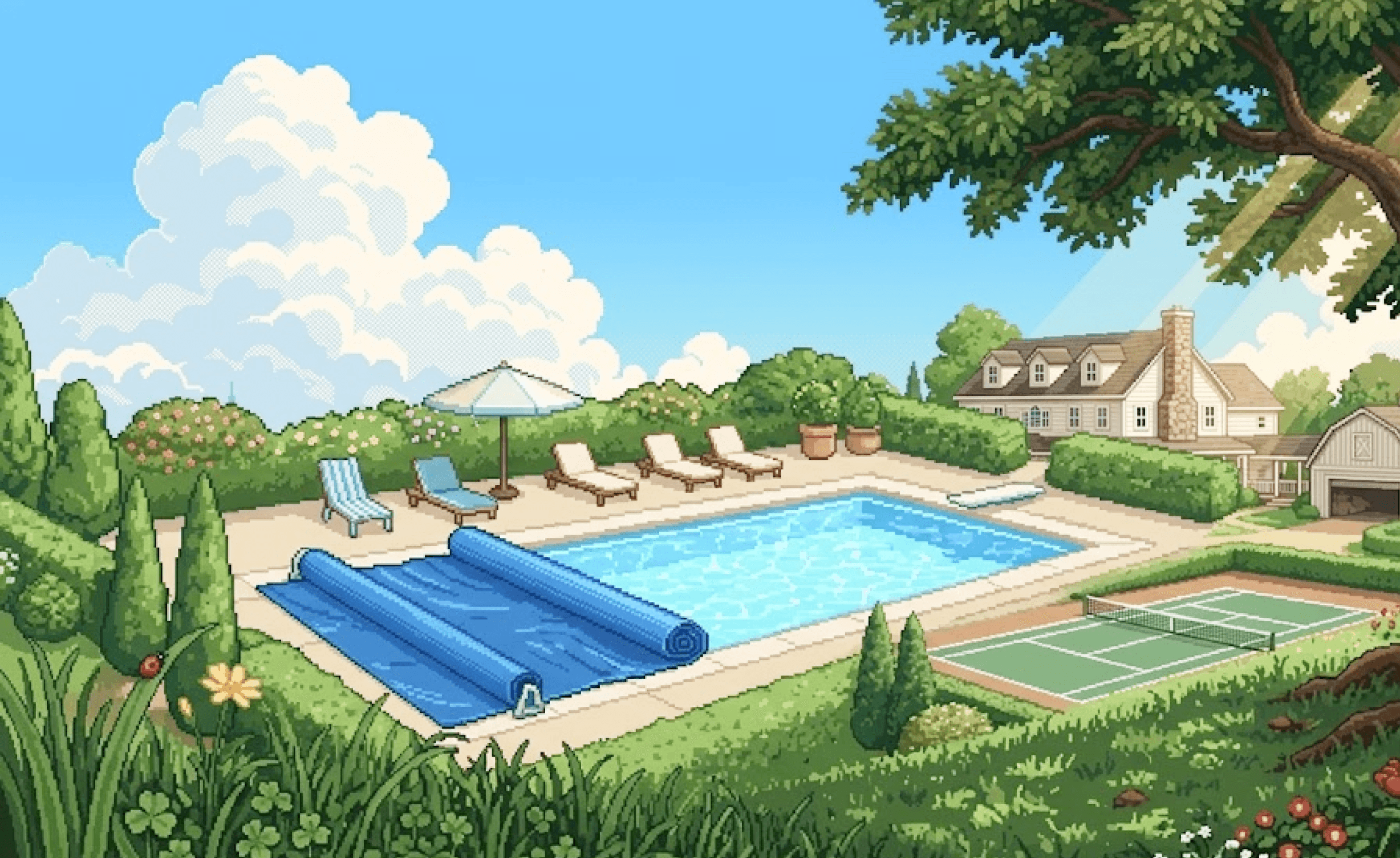 Pixel-art pool with its cover half rolled back, loungers waiting