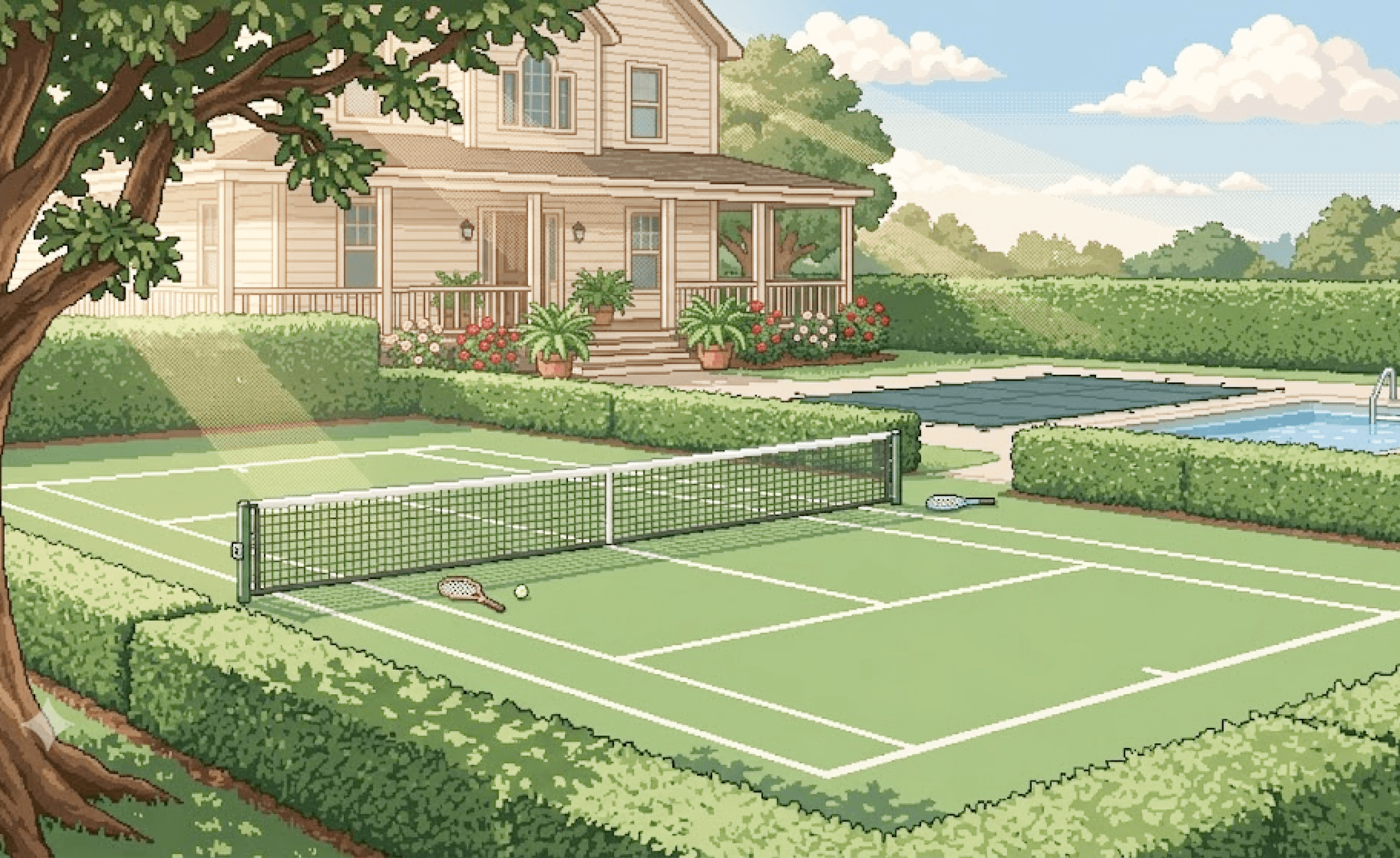 Pixel-art grass tennis court beside a covered pool and farmhouse