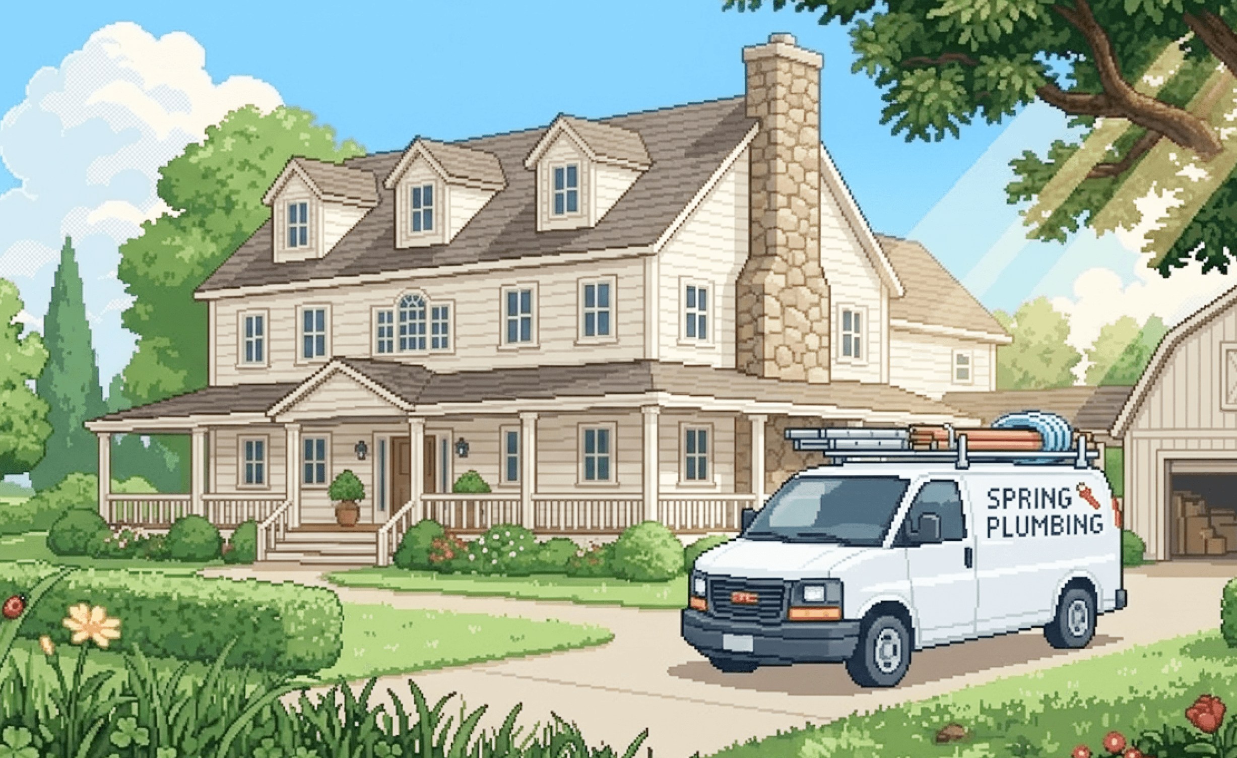 Pixel-art plumbing van parked in the driveway of a shingled house