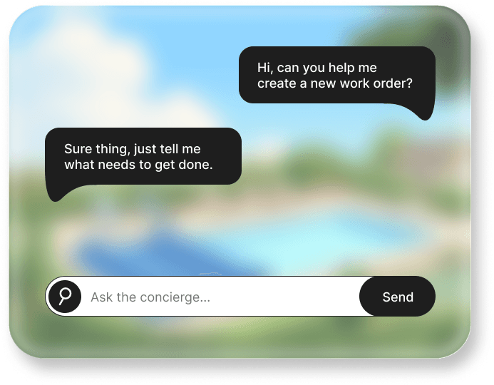 Concierge chat: 'Hi, can you help me create a new work order?' — 'Sure thing, just tell me what needs to get done.'