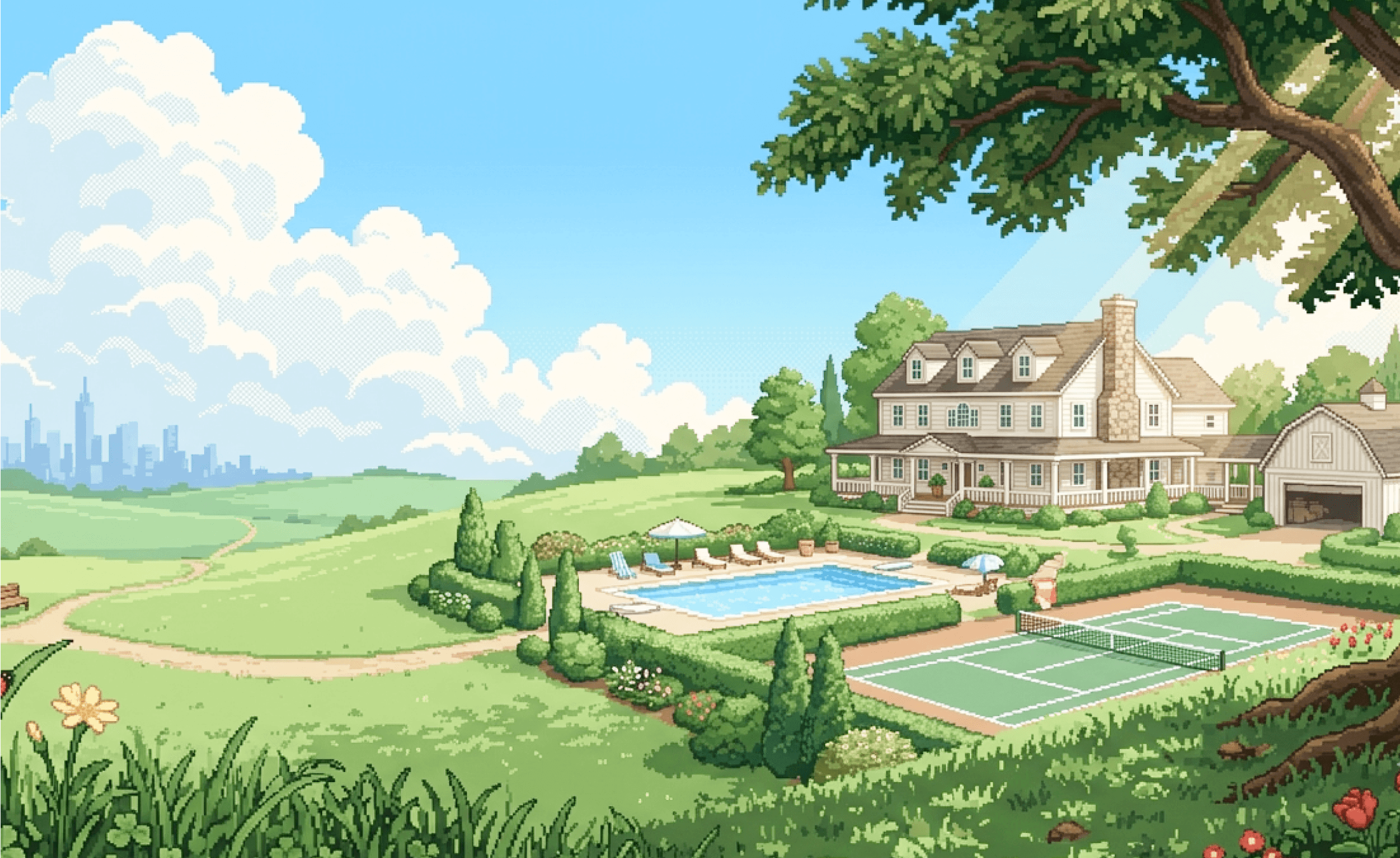 Pixel-art estate: a shingled house with a pool, tennis court, and barn under a big oak