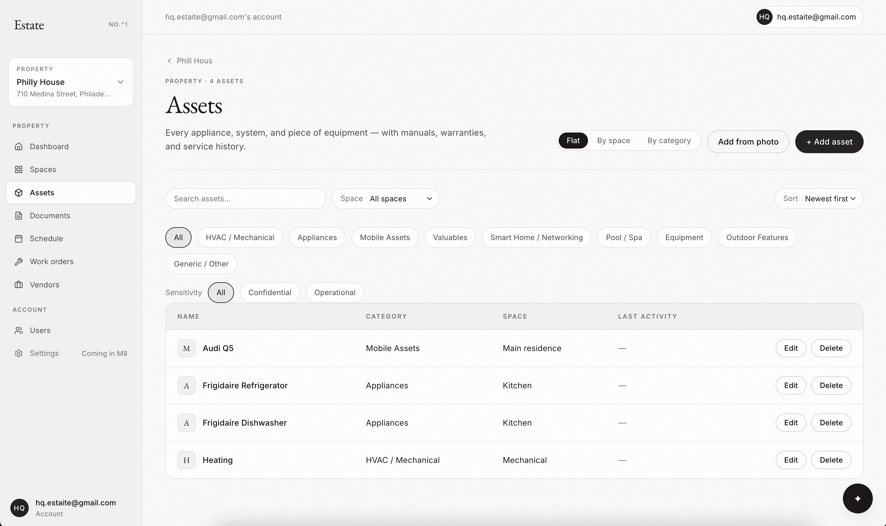 Estate platform — asset inventory with manuals, warranties, and service history