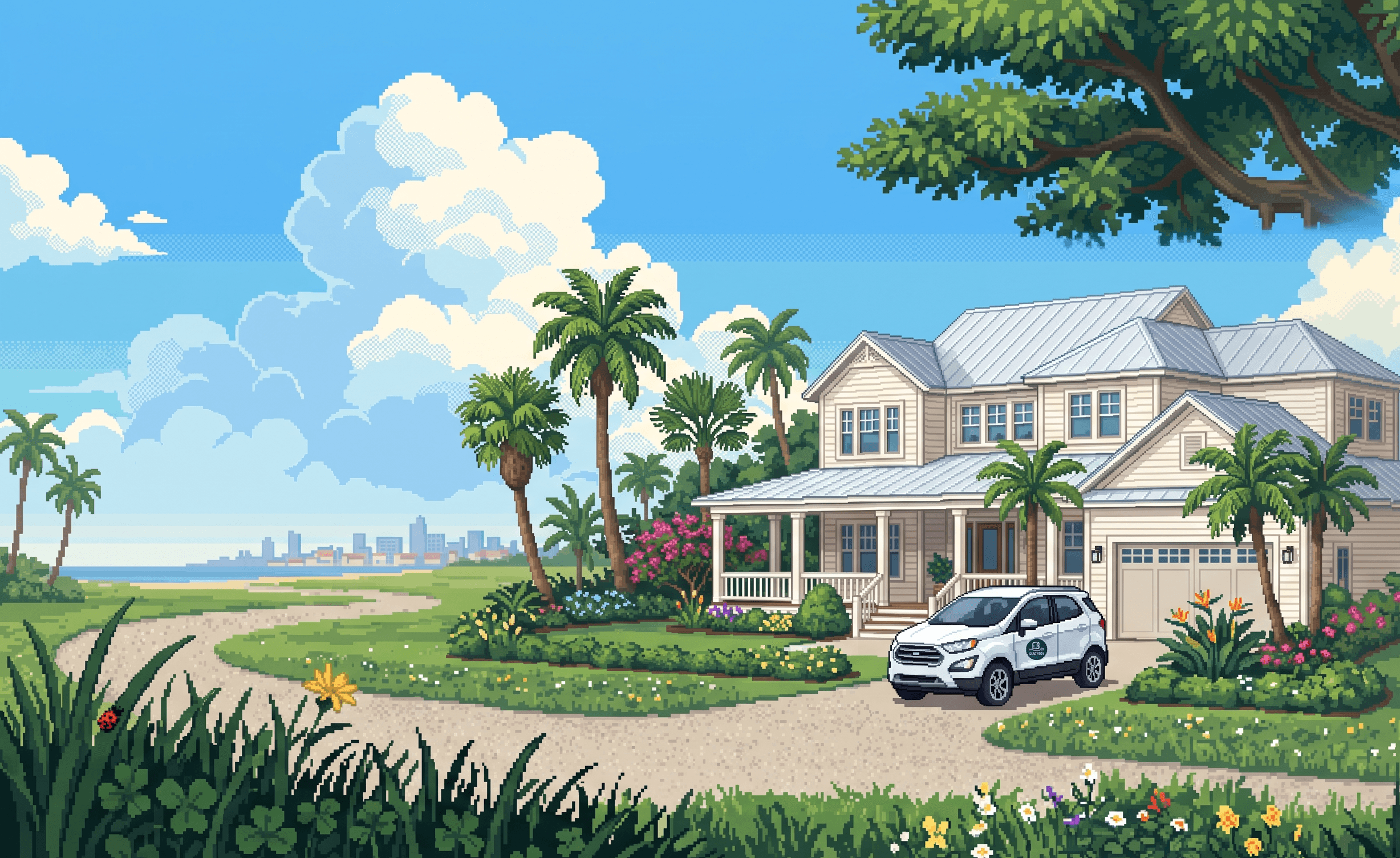 Pixel-art coastal Florida home with a white metal roof, palm trees, and a service SUV parked in the driveway