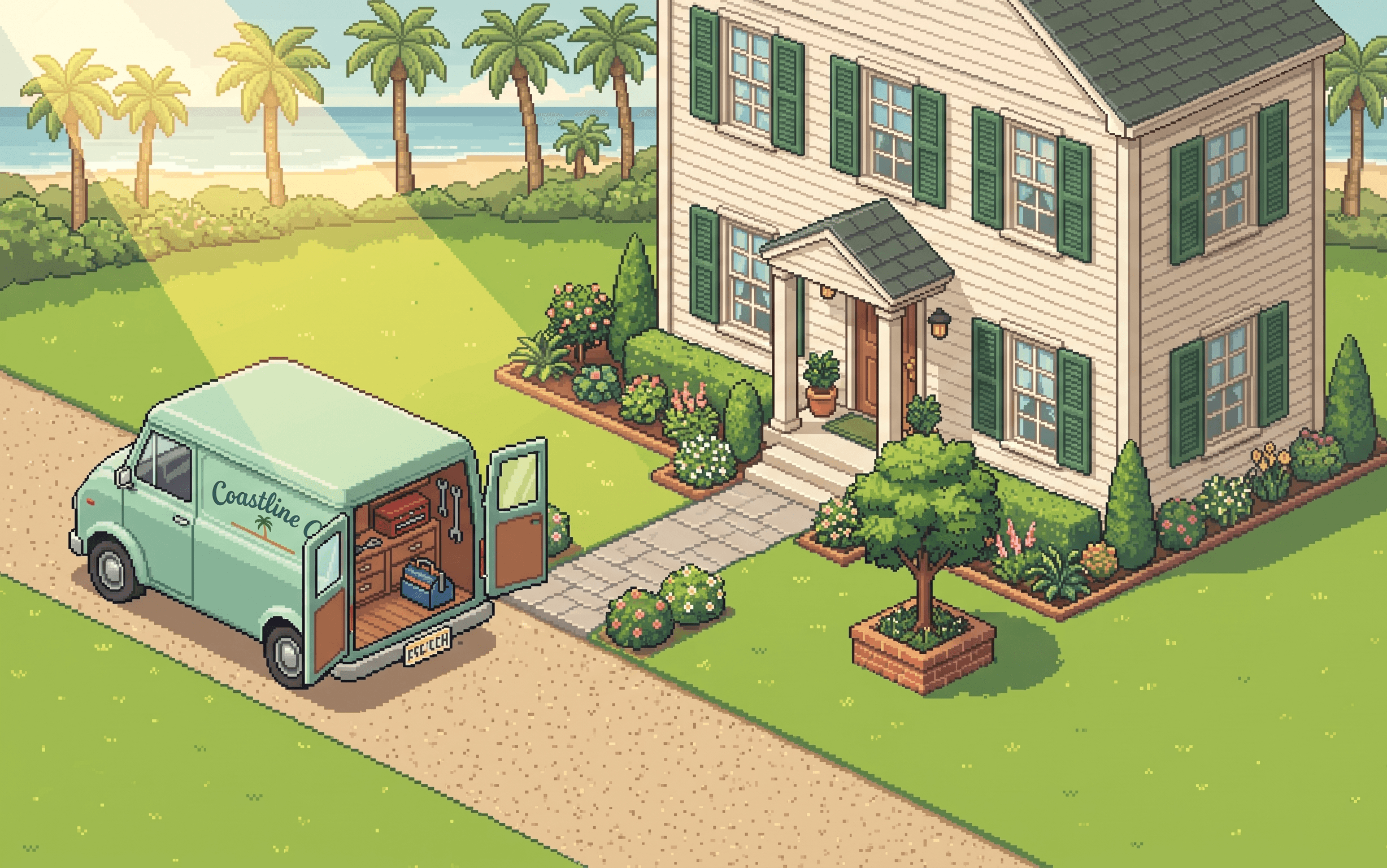 Pixel-art service van with rear doors open showing neat tools, parked at an elegant shuttered home