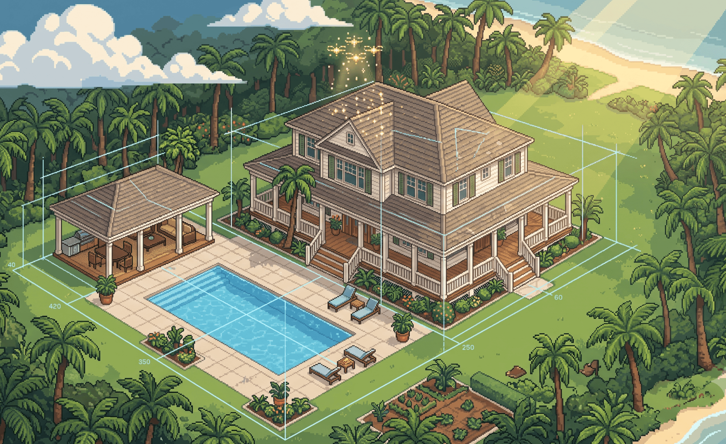 Pixel-art aerial view of a seasonal estate with pool, blueprint grid lines mapping the property and glowing markers on the HVAC and pool equipment