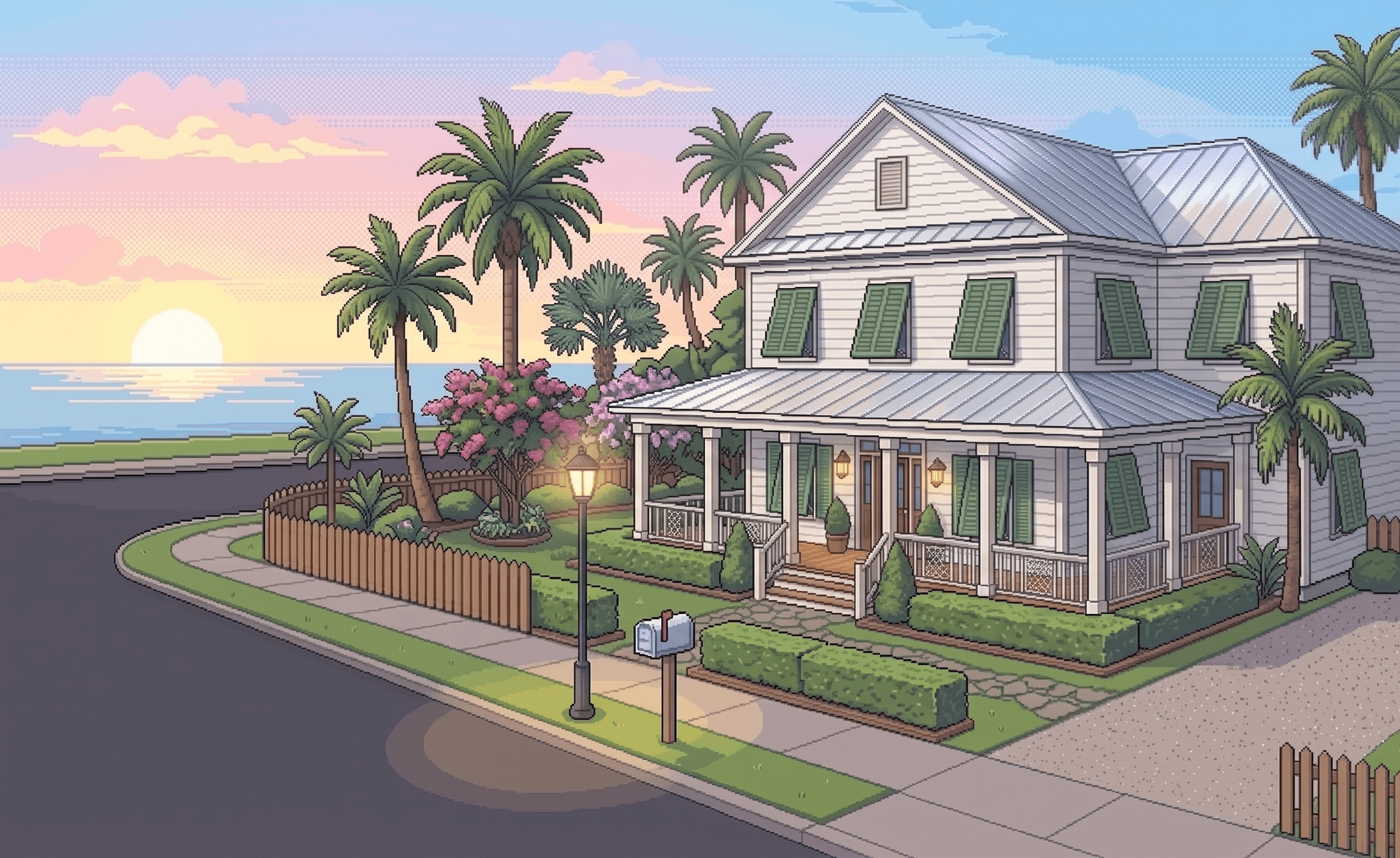 Pixel-art well-kept unoccupied home at sunset with closed shutters, trimmed hedges, and a tidy mailbox